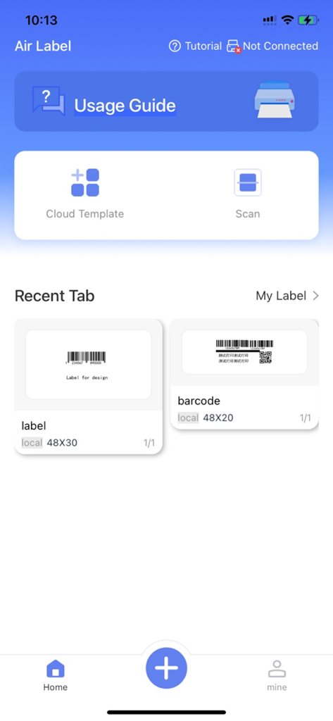 Air Label - Air Label app home screen showing options for scan cloud templates and recent label projects