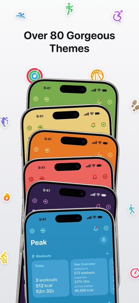 Peak: Health & Fitness Widgets - A stack of iPhones showing various colorful health dashboard themes in the Peak app with different fitness icons floating around.