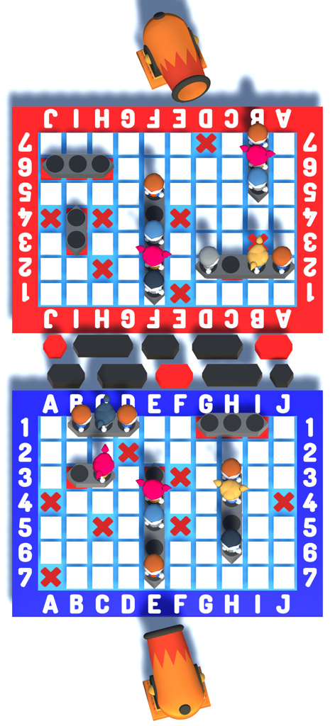 Two player battleship mini game with red and blue team grids and cannons