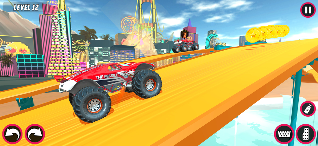 Monster Truck Stunts Car Games - A red monster truck named The Missile driving on a giant yellow ramp in a neon city environment