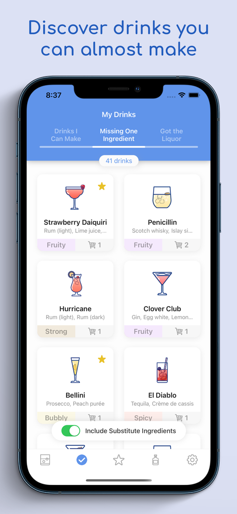 FreeFlow app screen showing a list of cocktail recipes missing only one ingredient