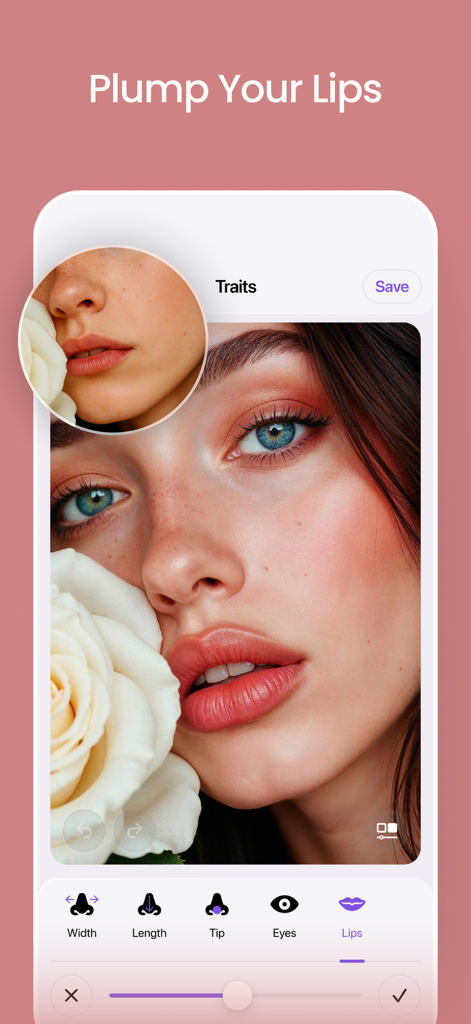AI photo editor app interface showing a lip plumping feature on a womans portrait