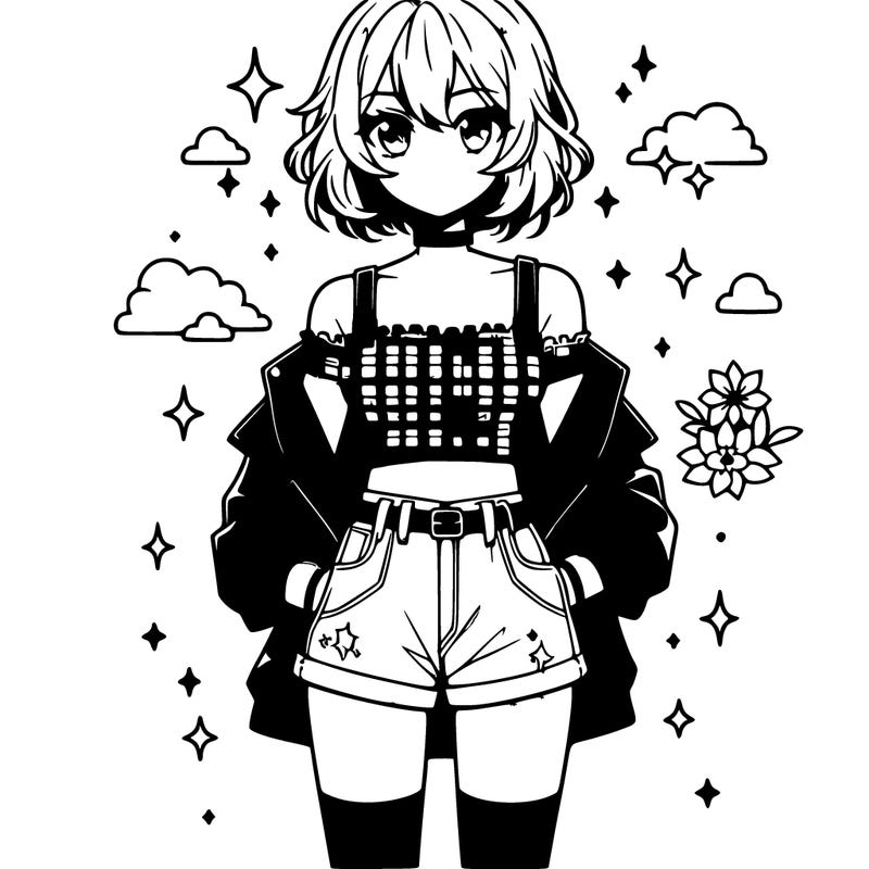 anime girl wearing a crop top and cropped leather jacket and short shorts
