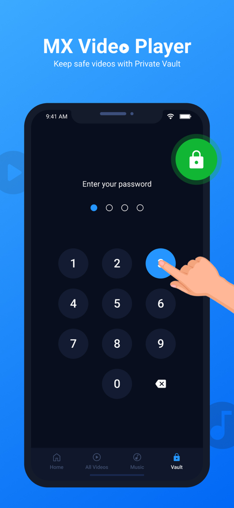 Pantalla de Bóveda Privada de MX Video Player con un teclado numérico para protección con contraseña