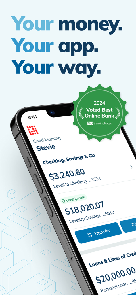 LendingClubモバイルアプリのダッシュボード。普通預金、貯蓄、ローンの残高が表示され、Best Online Bank 2024のバッジが付いています。