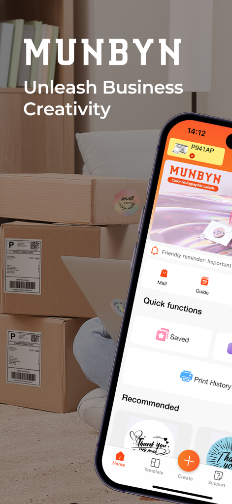 Munbyn Print - Smartphone showing the Munbyn Print app home screen next to labeled shipping packages