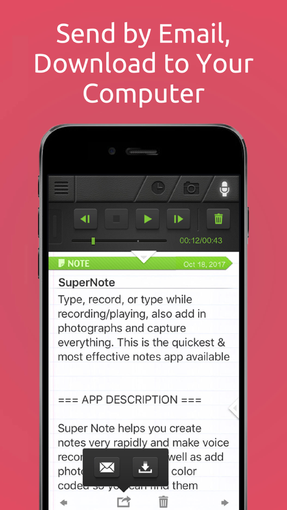 SuperNote app interface showing options to send notes via email or download to a computer
