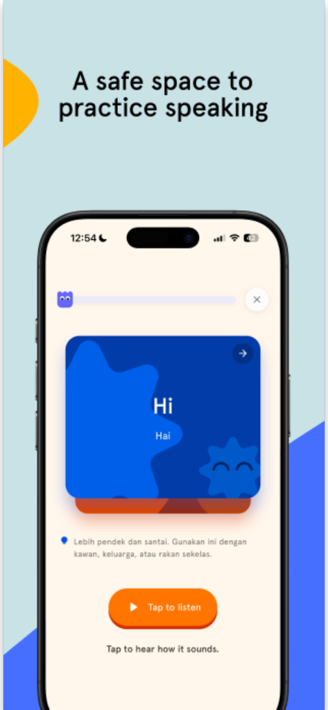 Kelas Sekejap - English speaking practice interface in the Kelas Sekejap app featuring a safe space message and audio playback button