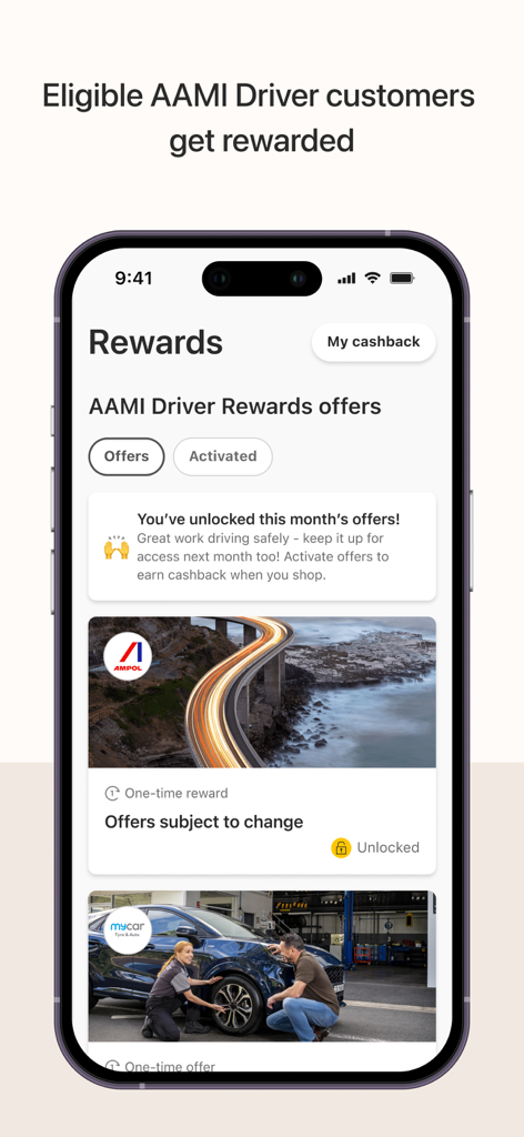 AAMI App - AAMI mobile app interface displaying driver rewards and cashback offers.