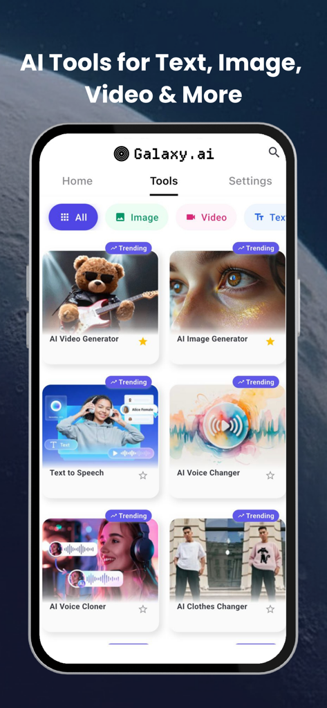 Galaxy.ai app screen displaying a menu of AI tools including video generator image generator text to speech and voice changer
