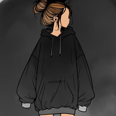 realistic girl with a oversized sweatshirt on and a bun