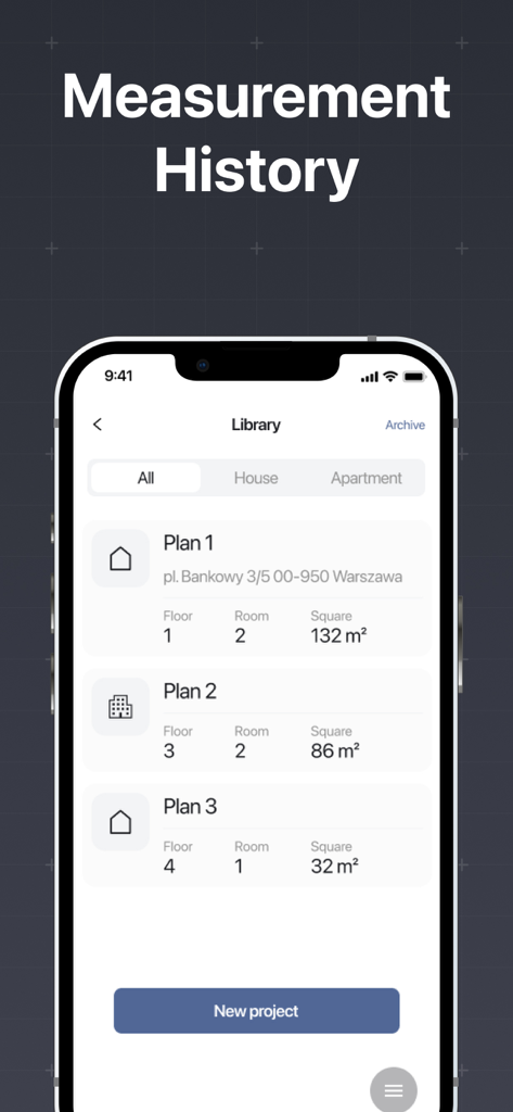 App-Bildschirm, der eine Bibliothek von gespeicherten Raumvermessungen und Grundrissen mit Flächenberechnungen zeigt.
