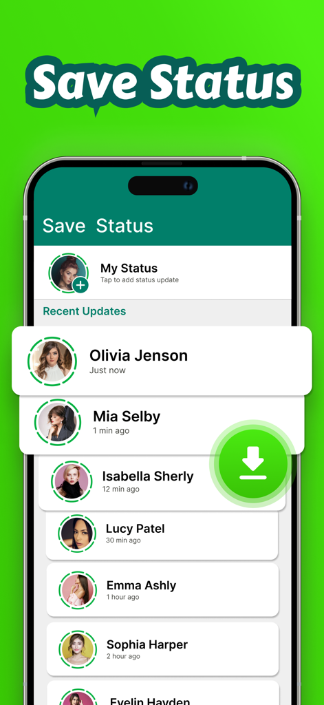Save Status - Video Saver - Save Statusアプリのダウンロードボタンと、プロフィールの更新リストを示すモバイル画面。