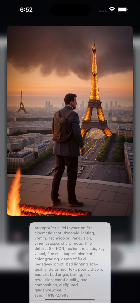 Ein KI-generiertes Bild eines Mannes, der den brennenden Eiffelturm betrachtet, erstellt mit dem Text-zu-Bild-Prompt-Tool der App