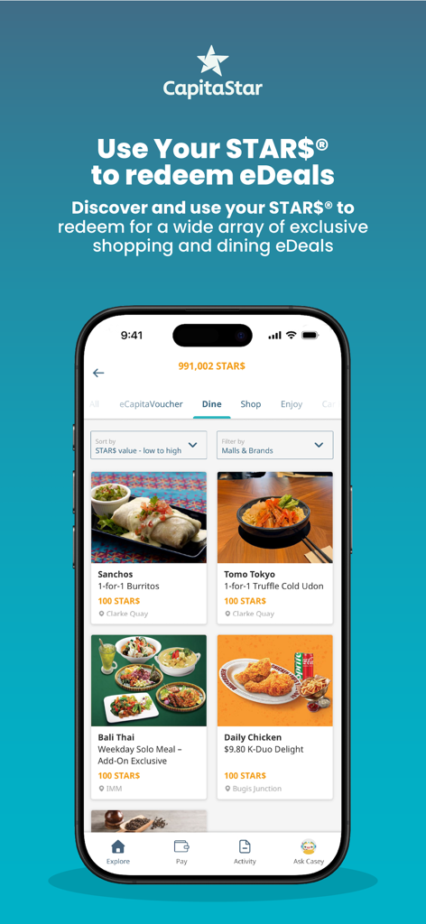 CapitaStar mobile app screen showing available dining rewards and eDeals for restaurants