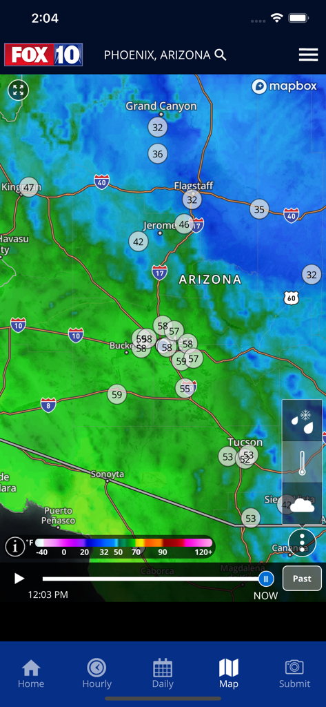 Mapa de radar meteorológico interativo do Arizona com atualizações de temperatura local.