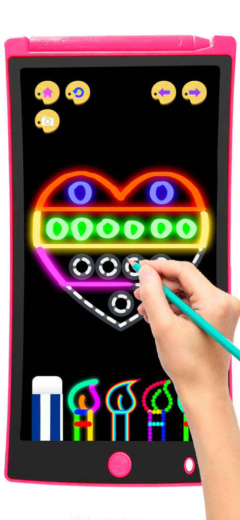 Kids Pop It Doodle Art Games - A hand using a stylus to color a neon rainbow heart pop-it on a tablet screen.