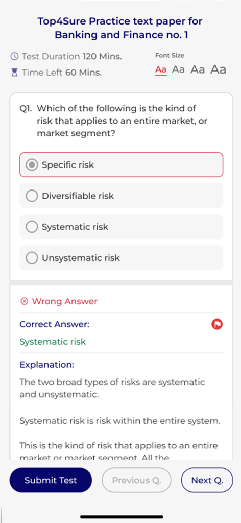 TOP4SURE - Interface of TOP4SURE app showing a banking practice question and correct answer explanation