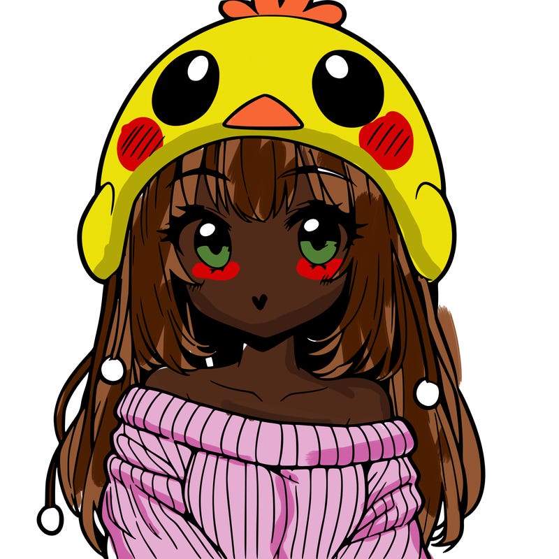 anime girl with chick shaped hat with sweater with bare shoulders with bangs covering them one eye with low tail