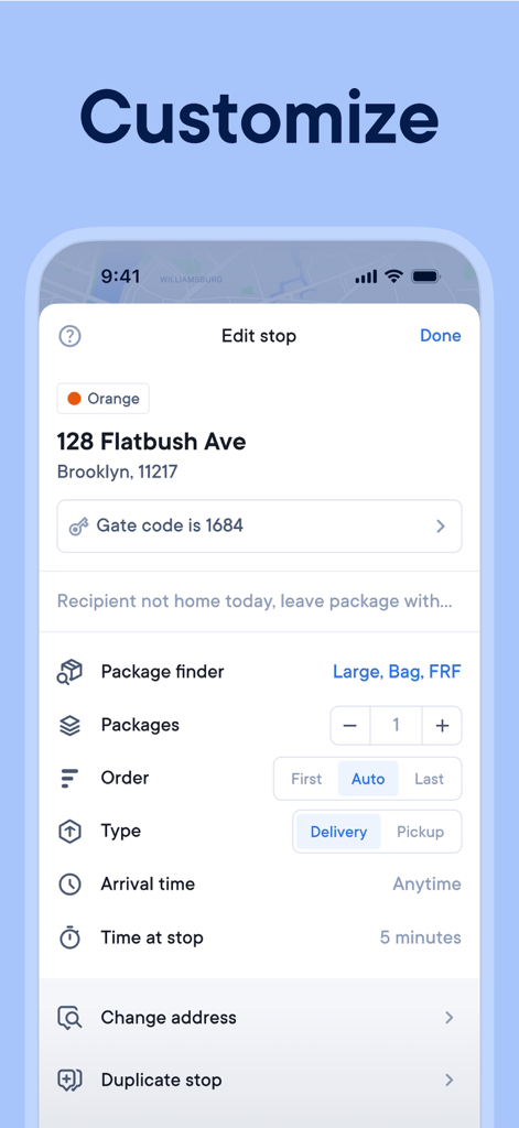 Spoke (Circuit) Route Planner - Interfaz de la aplicación Spoke Route Planner que muestra opciones de personalización para una parada de entrega, incluidos detalles del paquete y códigos de acceso