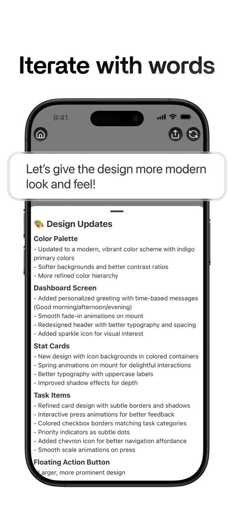 A mobile interface showing design updates generated from a text prompt in the Rork app