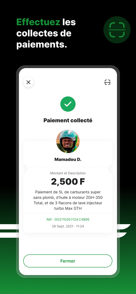 Gozem Marchand - Interface of Gozem Marchand app displaying a successful payment collection confirmation for a business transaction