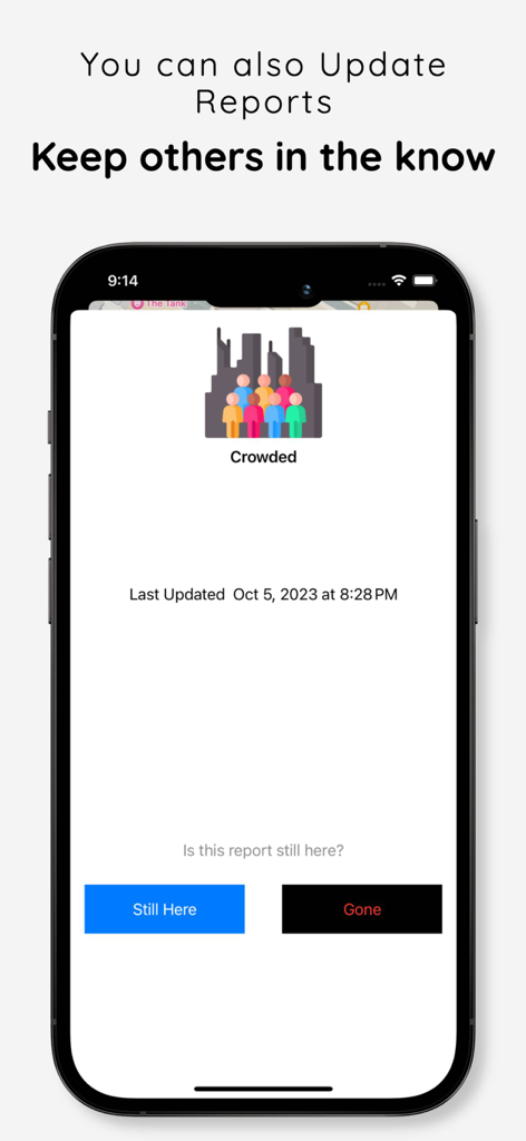 SafeWalk - Walk with Safety - SafeWalk app screen for updating community safety reports with crowd status verification