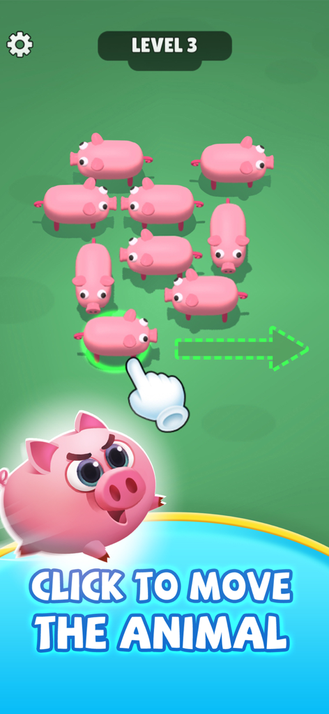 Farm Escape! - A tutorial screen in Farm Escape showing how to click and move a pink pig to solve a level 3 puzzle