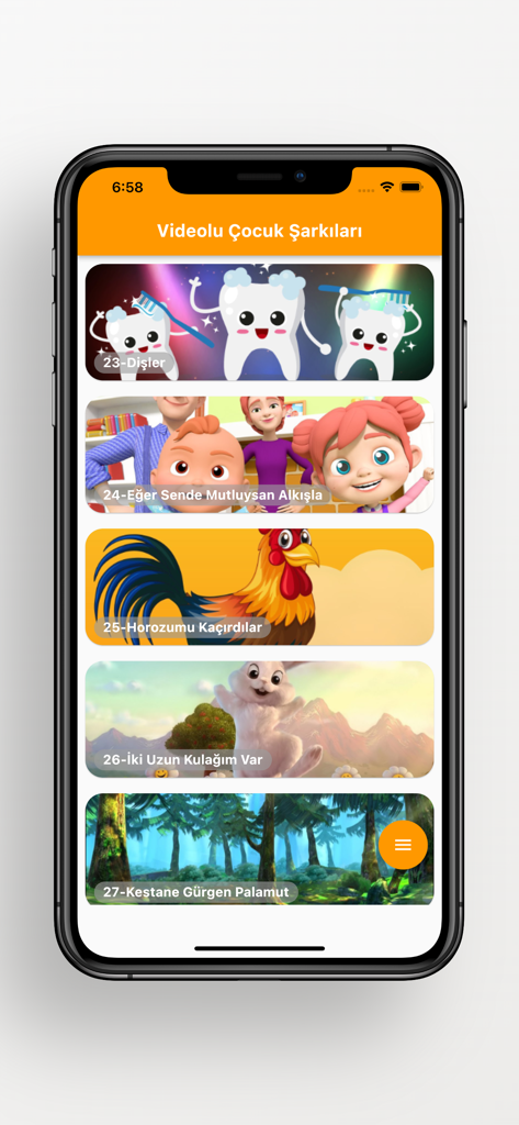 Videolu Çocuk Şarkıları - Screenshot der mobilen App Videolu Cocuk Sarkilari mit einer Auswahl beliebter türkischer Kinderlieder mit bunten Cartoon-Icons