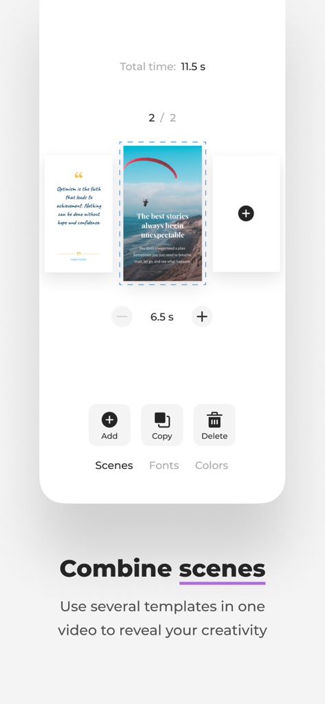 Interface de l'application Smoozly pour combiner plusieurs scènes et modèles animés en une seule vidéo.