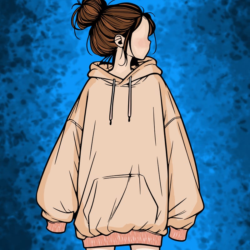 realistic girl with a oversized sweatshirt on and a bun