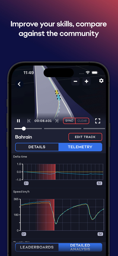 EA Racenet - EA Racenet app telemetry screen showing racing performance graphs and track visualization