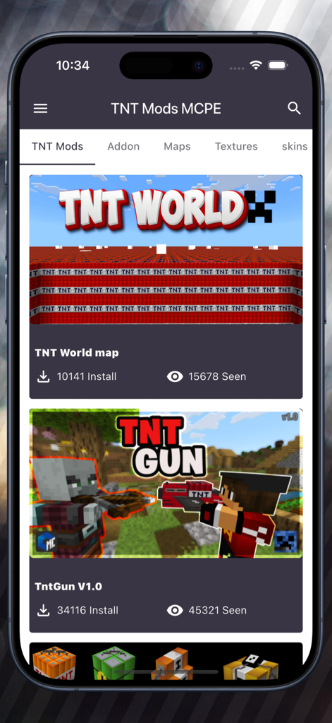 TNT Boom Mods for Minecraft PE - Interfaz de la app Mods TNT para Minecraft PE que muestra el mapa Mundo TNT y las opciones del mod Pistola TNT