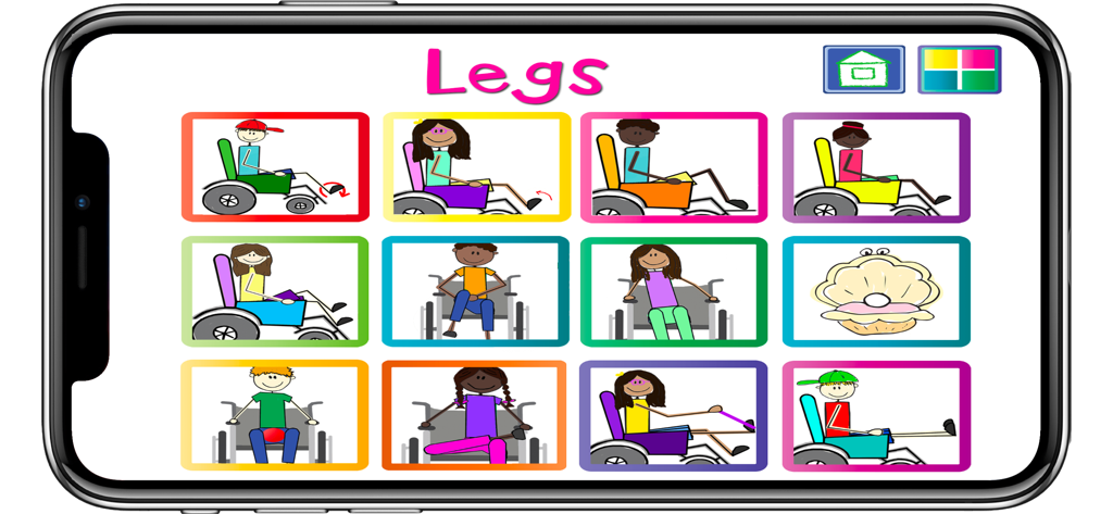 A grid of twelve colorful flashcards showing diverse cartoon characters in wheelchairs performing various leg exercises.