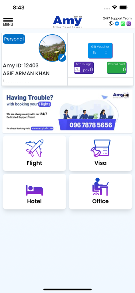 Tableau de bord de l'application mobile Amy BD présentant les options de réservation de vols, de visas, d'hôtels et de bureaux, ainsi que les récompenses des utilisateurs et l'assistance 24h/24 et 7j/7.