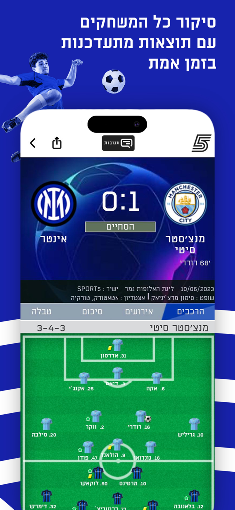 ערוץ הספורט - Mobile app screen showing a live football match score and team formation in Hebrew