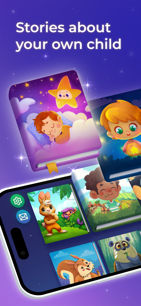 Une bibliothèque numérique d'histoires illustrées pour enfants, avec les textes des histoires de votre propre enfant, sur un écran de smartphone.