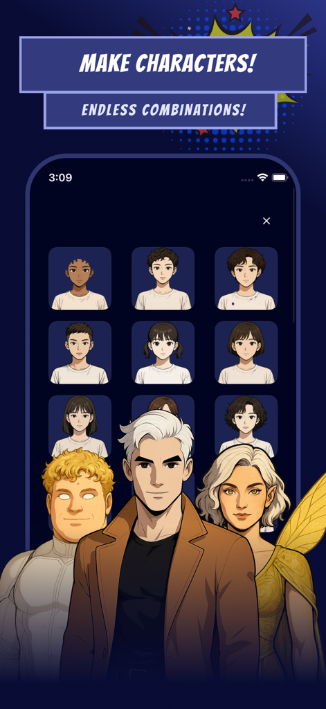 Comic Maker - Arcstory - Arcstory app interface showing AI-generated manga and comic characters with diverse styles and endless combinations.