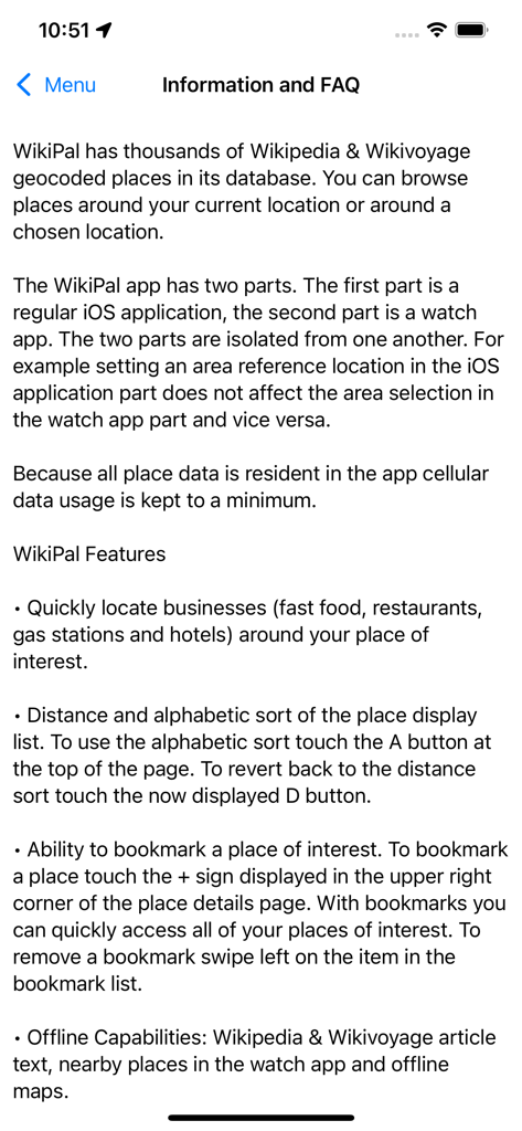 WikiPal USA - Information screen for WikiPal USA showing app features and offline capabilities