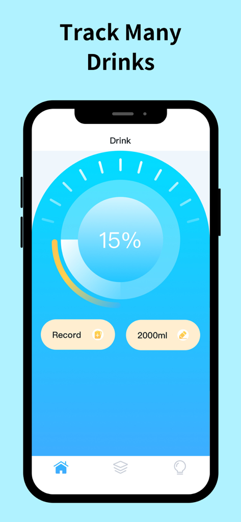 Water Reminder-Tracker - Interface do aplicativo móvel Lembrete de Água-Tracker mostrando uma barra de progresso circular em 15% de uma meta diária de 2000ml