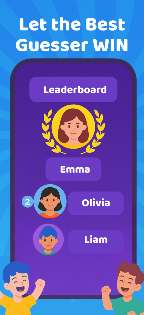 Truth or Lie: Party Game - Pantalla de la tabla de clasificación de la aplicación ¿Verdad o Mentira? Juego de Fiesta que muestra las clasificaciones de los jugadores con avatares de Emma Olivia y Liam