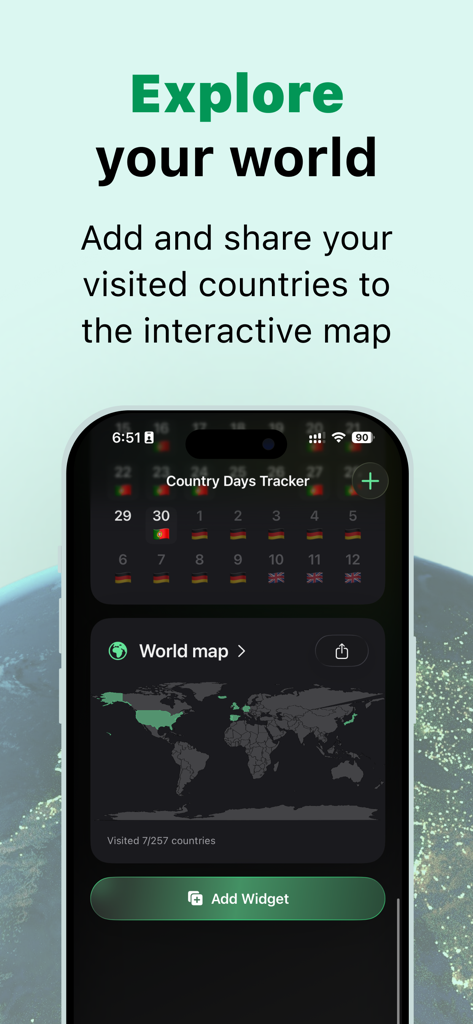 TripTrack: Days Abroad Counter - TripTrack app interface showing an interactive world map of visited countries and a daily country tracker calendar.