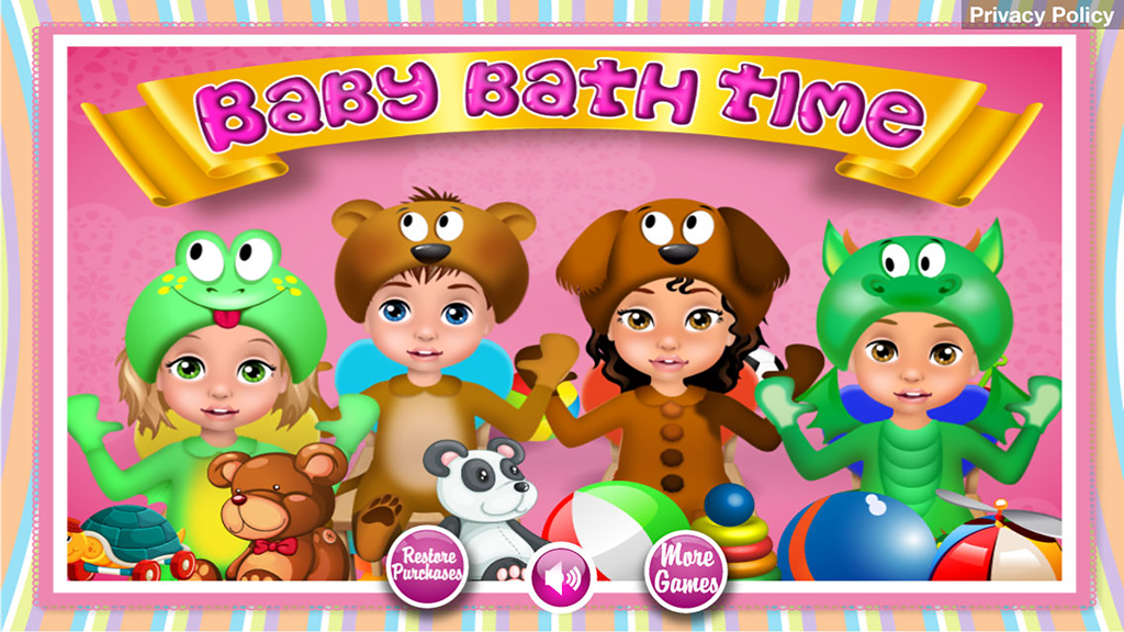 Main screen of Baby Bath Time game featuring four babies dressed in animal costumes with toys