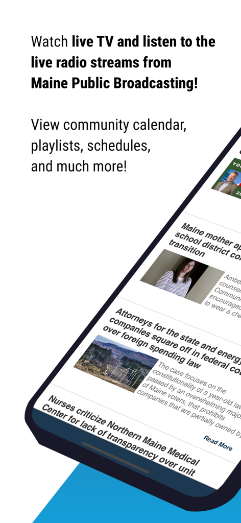 Maine Public Broadcasting app interface showing live TV, radio streams and news stories