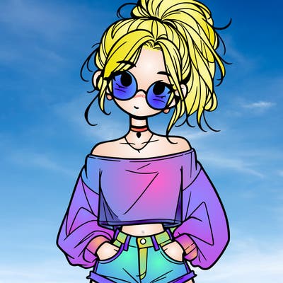 girl with a messy ponytail glasses a baggy crop top and jean shorts