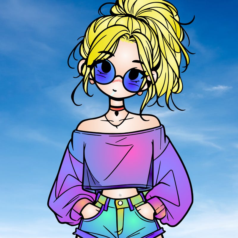 girl with a messy ponytail glasses a baggy crop top and jean shorts