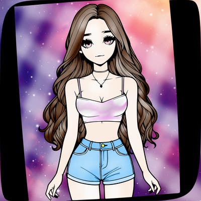 a realistic girl with long hair and in a crop top and shprts