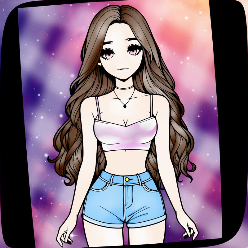 a realistic girl with long hair and in a crop top and shprts