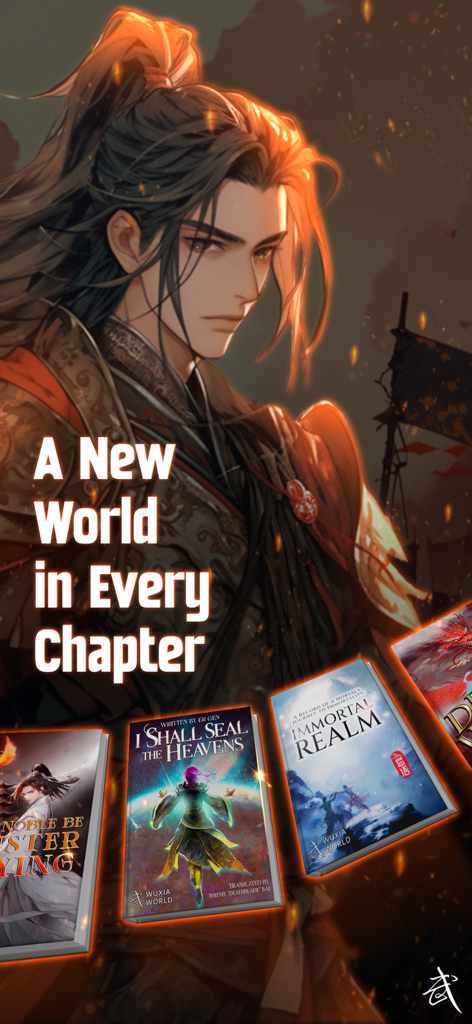 Illustration eines Fantasy-Kriegers mit dem Text A New World in Every Chapter und Covern beliebter Webromane.