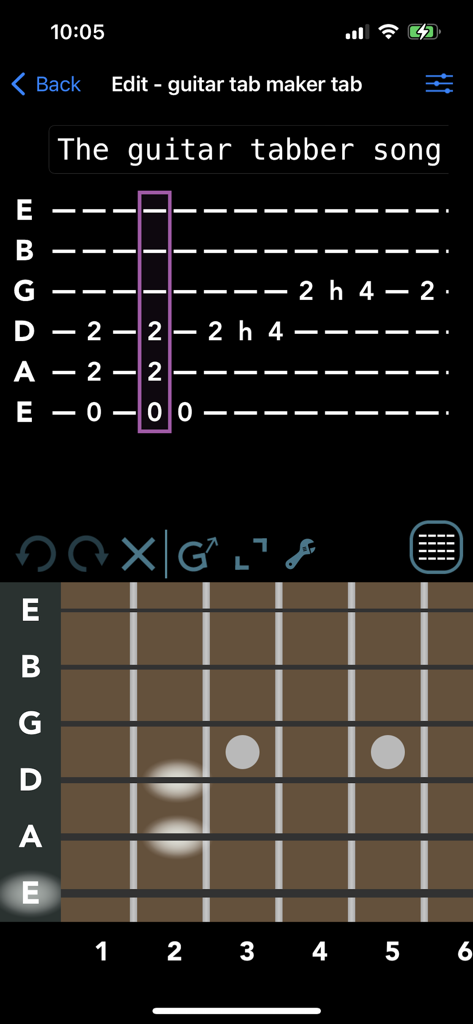 Guitar Tab Maker - Guitar Tab Maker mobile app showing the tab editor and virtual guitar fretboard